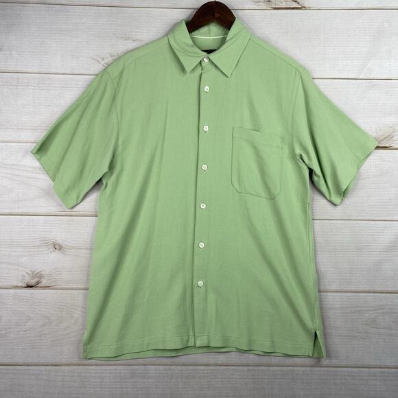 Vintage Toscano Shirt Mens M Green Woven Silk Pocket Button Up Short Sleeve - Picture 1 of 7